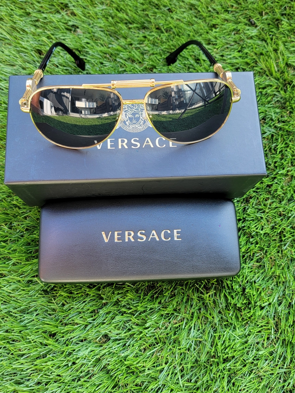 Versace Unisex Gold Frame Black Lens Aviator Sunglasses